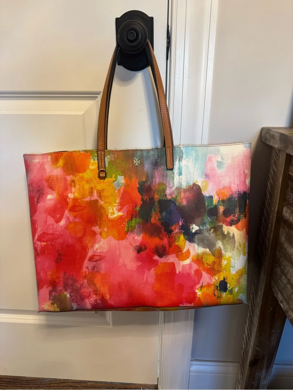 Tory Burch Painterly Multi-Color Floral Tote with Tan Handles
